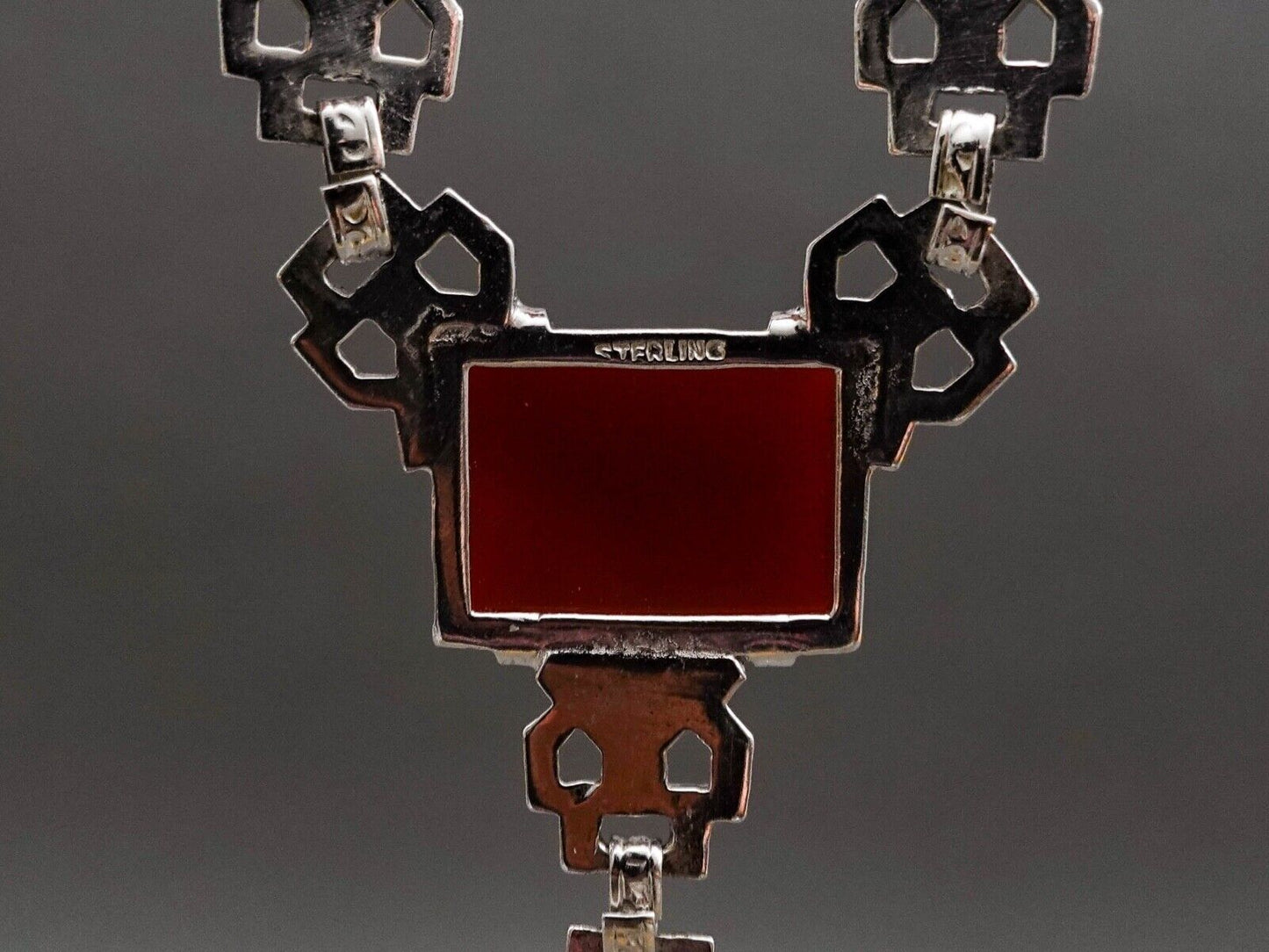 Antique Art Deco Sterling Silver Carnelian Marcasite Y-Drop Necklace 16"