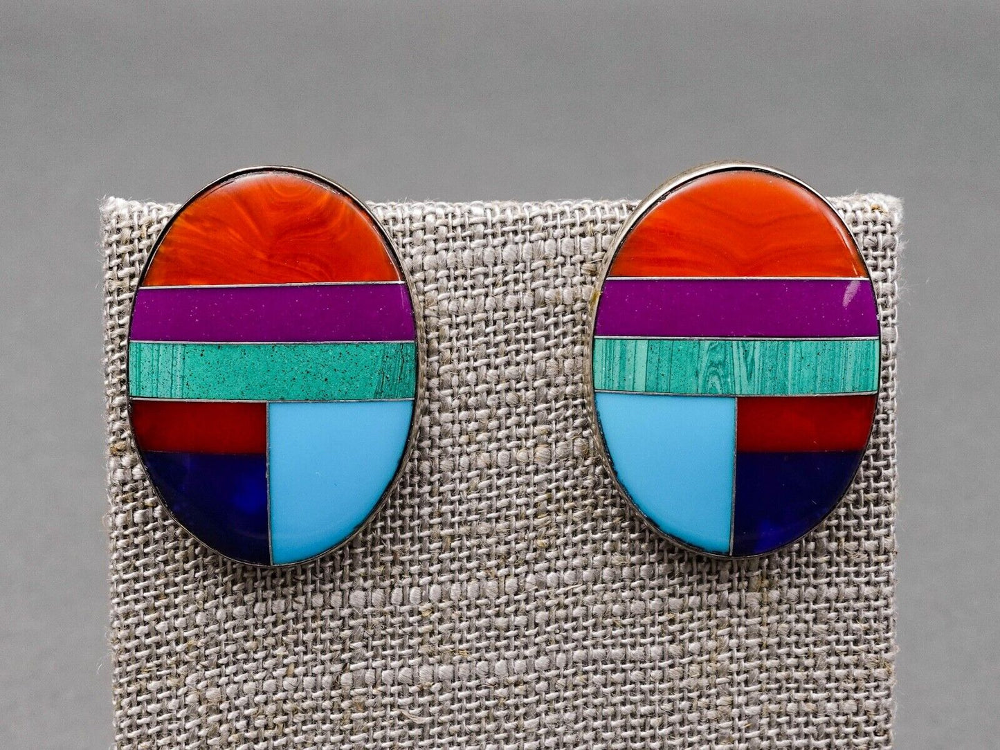 Willie Saiz WS Signed Navajo Oval Sterling Silver Multistone Inlay Stud Earrings