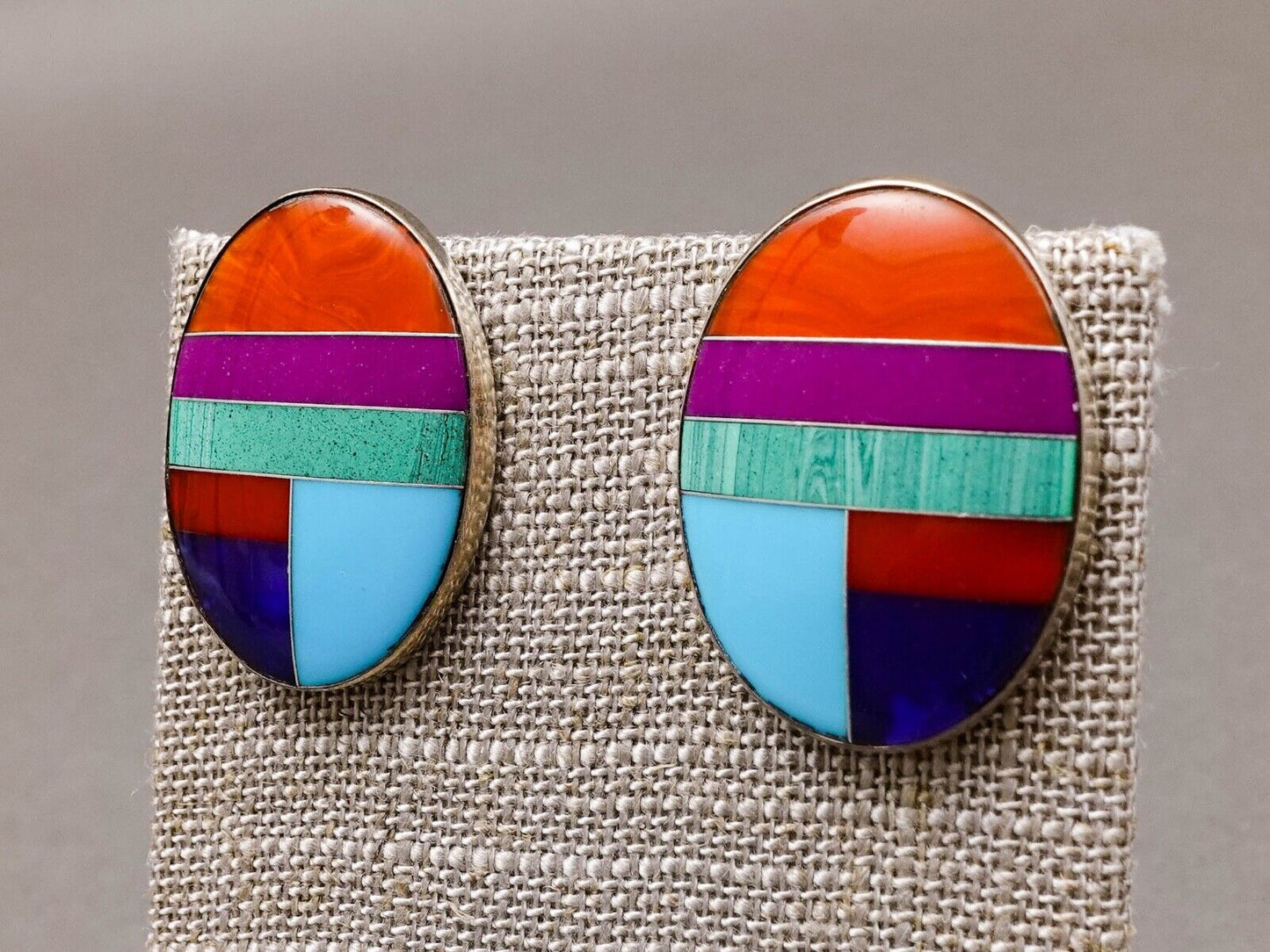 Willie Saiz WS Signed Navajo Oval Sterling Silver Multistone Inlay Stud Earrings
