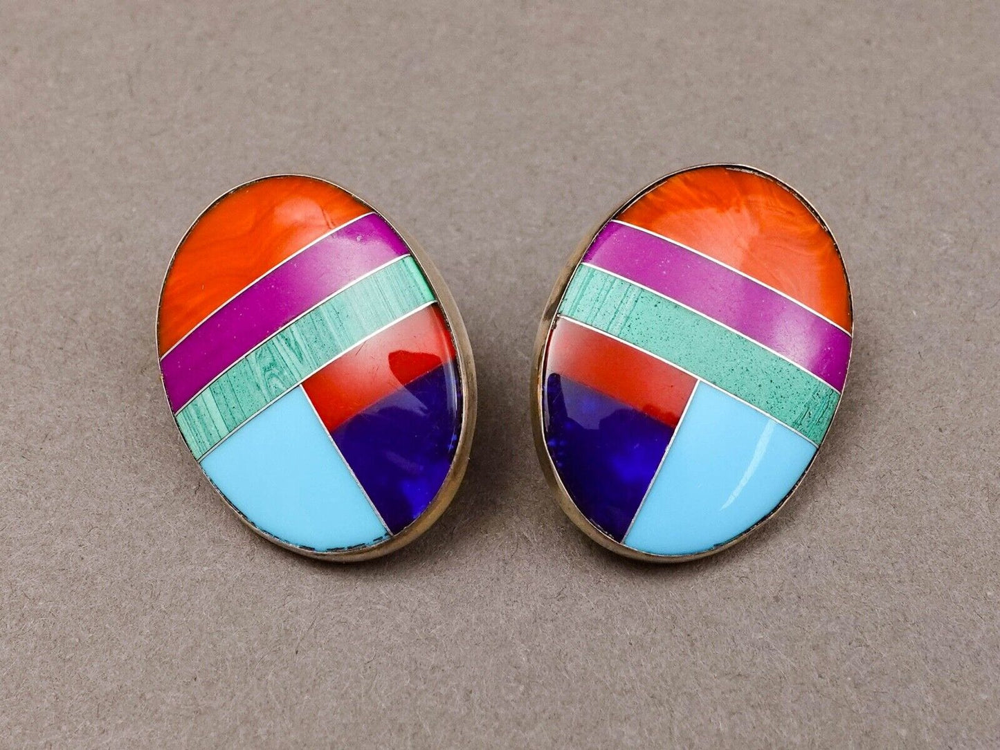 Willie Saiz WS Signed Navajo Oval Sterling Silver Multistone Inlay Stud Earrings