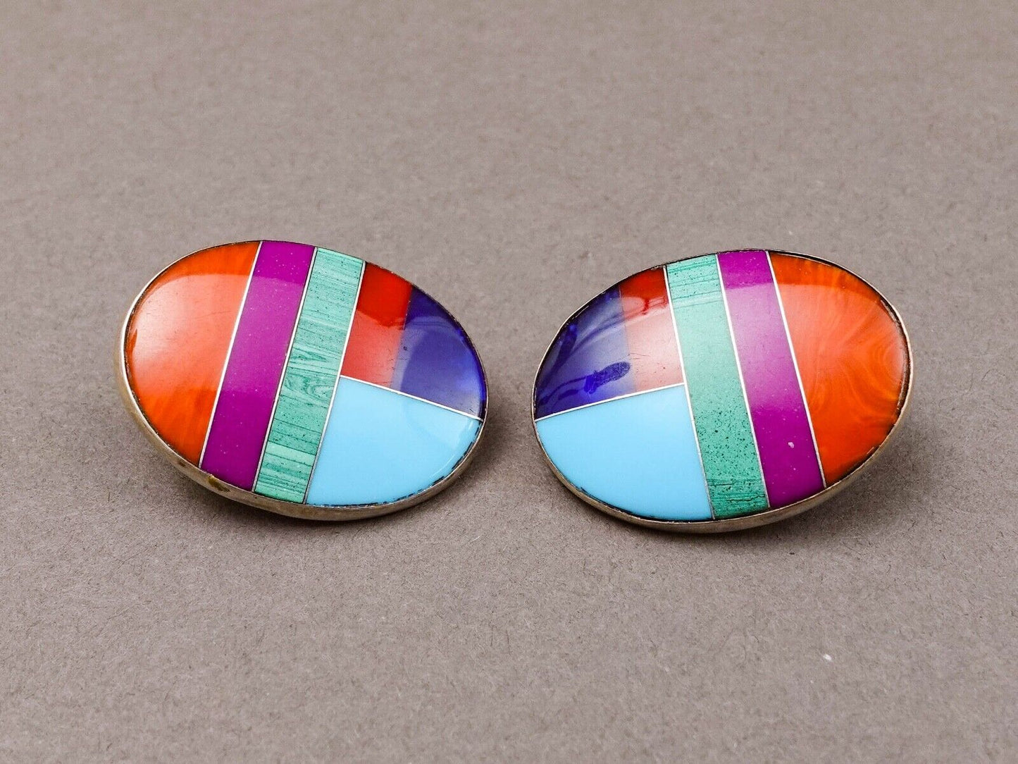 Willie Saiz WS Signed Navajo Oval Sterling Silver Multistone Inlay Stud Earrings