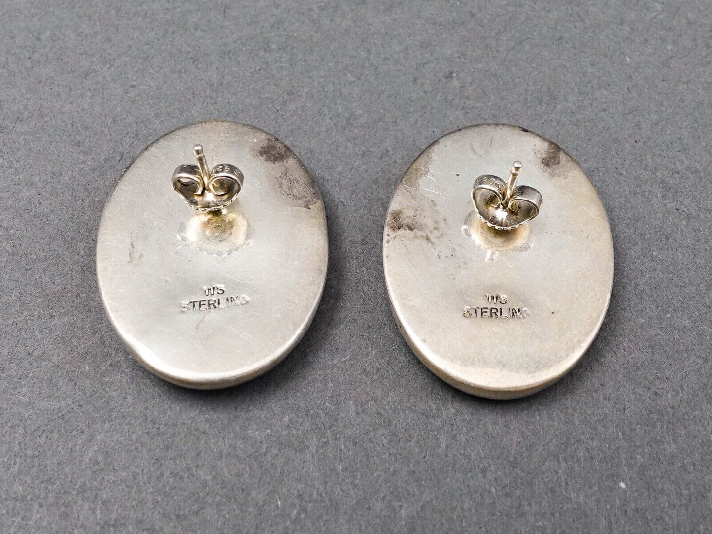 Willie Saiz WS Signed Navajo Oval Sterling Silver Multistone Inlay Stud Earrings