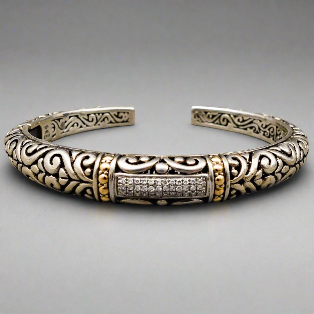 Effy Balissima Diamond 18k Gold Sterling Silver Hinged Cuff Bangle Bracelet