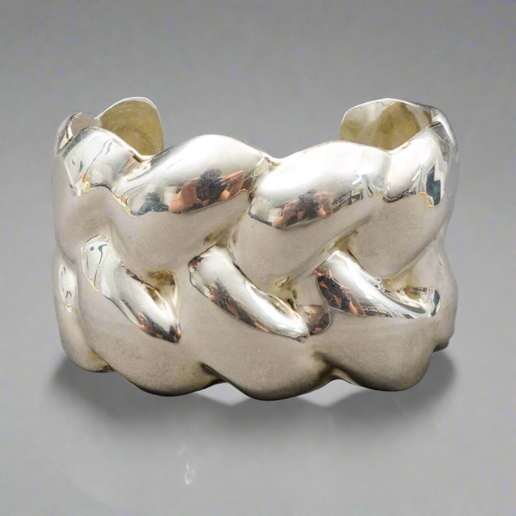 Taxco Mexico Alicia Signed Vintage 950 Silver Heavy Braided Wide Cuff Bracelet
