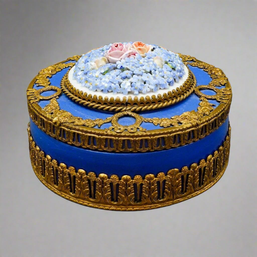 Royal Dux Czech Elfinware Floral Porcelain Bronze Ormolu Trinket Box 5 1/2"
