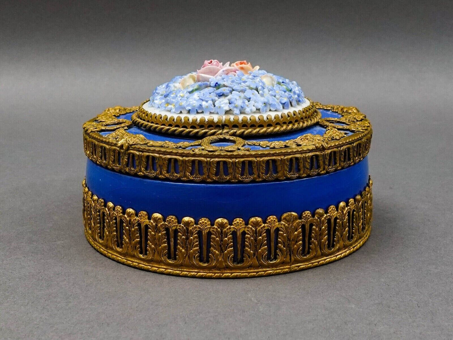 Royal Dux Czech Elfinware Floral Porcelain Bronze Ormolu Trinket Box 5 1/2"