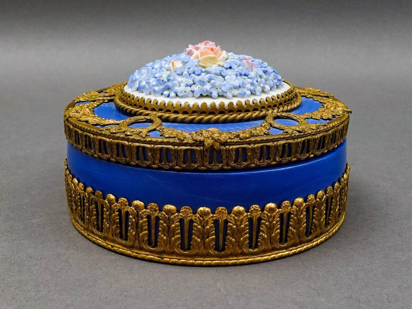 Royal Dux Czech Elfinware Floral Porcelain Bronze Ormolu Trinket Box 5 1/2"