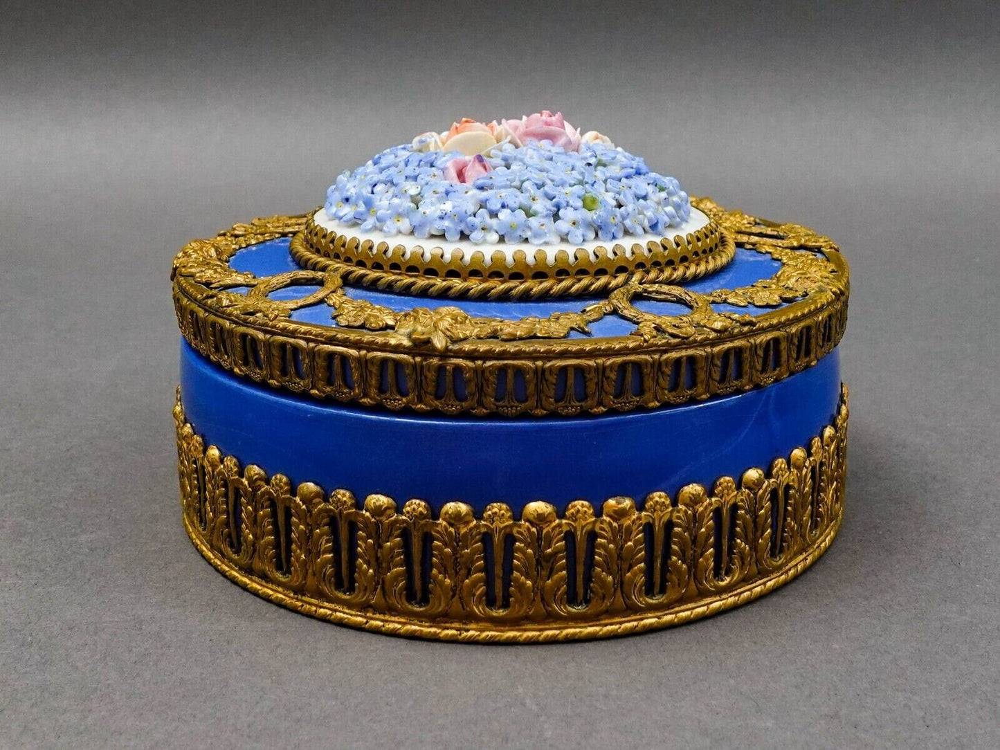 Royal Dux Czech Elfinware Floral Porcelain Bronze Ormolu Trinket Box 5 1/2"