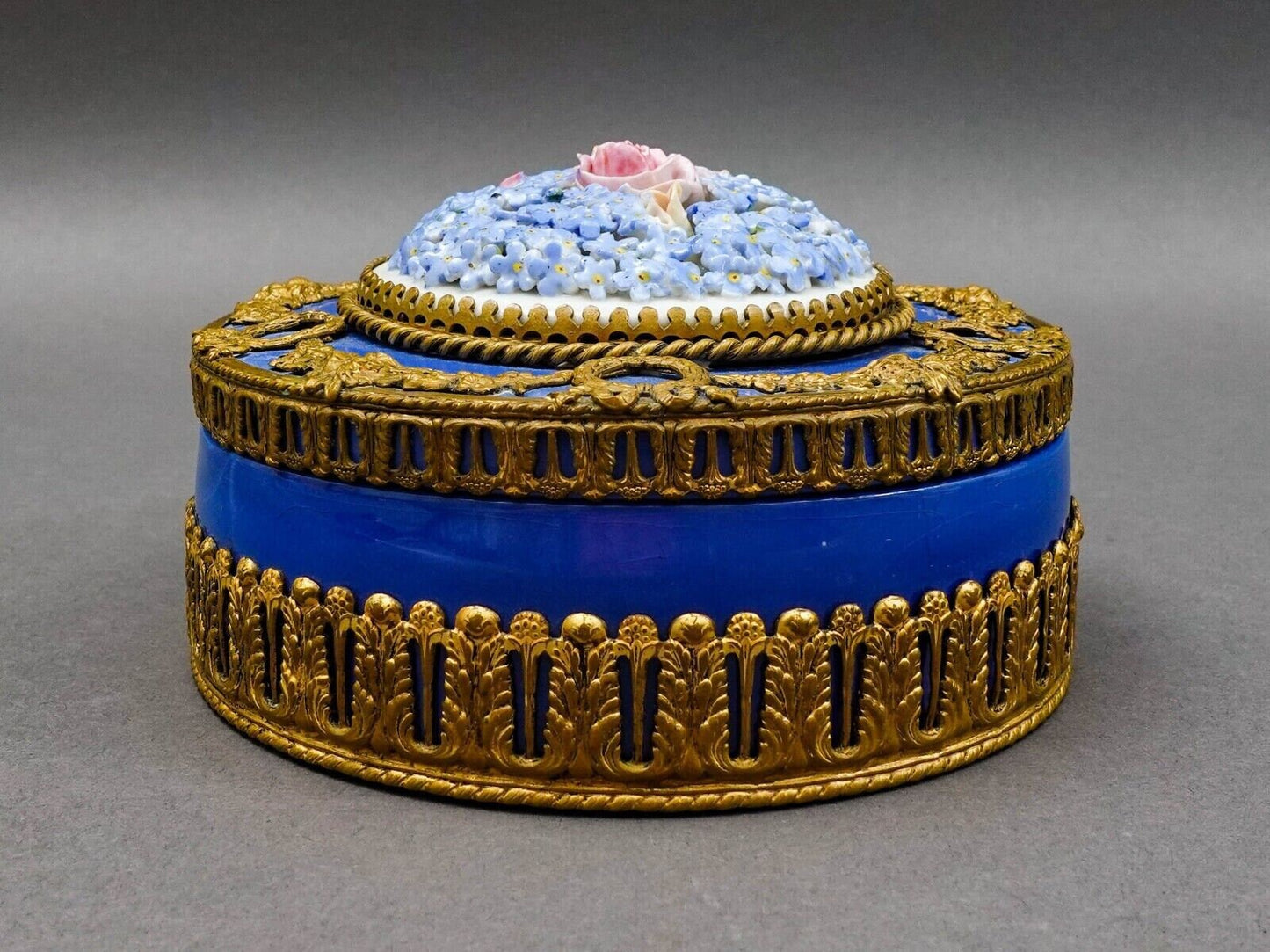 Royal Dux Czech Elfinware Floral Porcelain Bronze Ormolu Trinket Box 5 1/2"