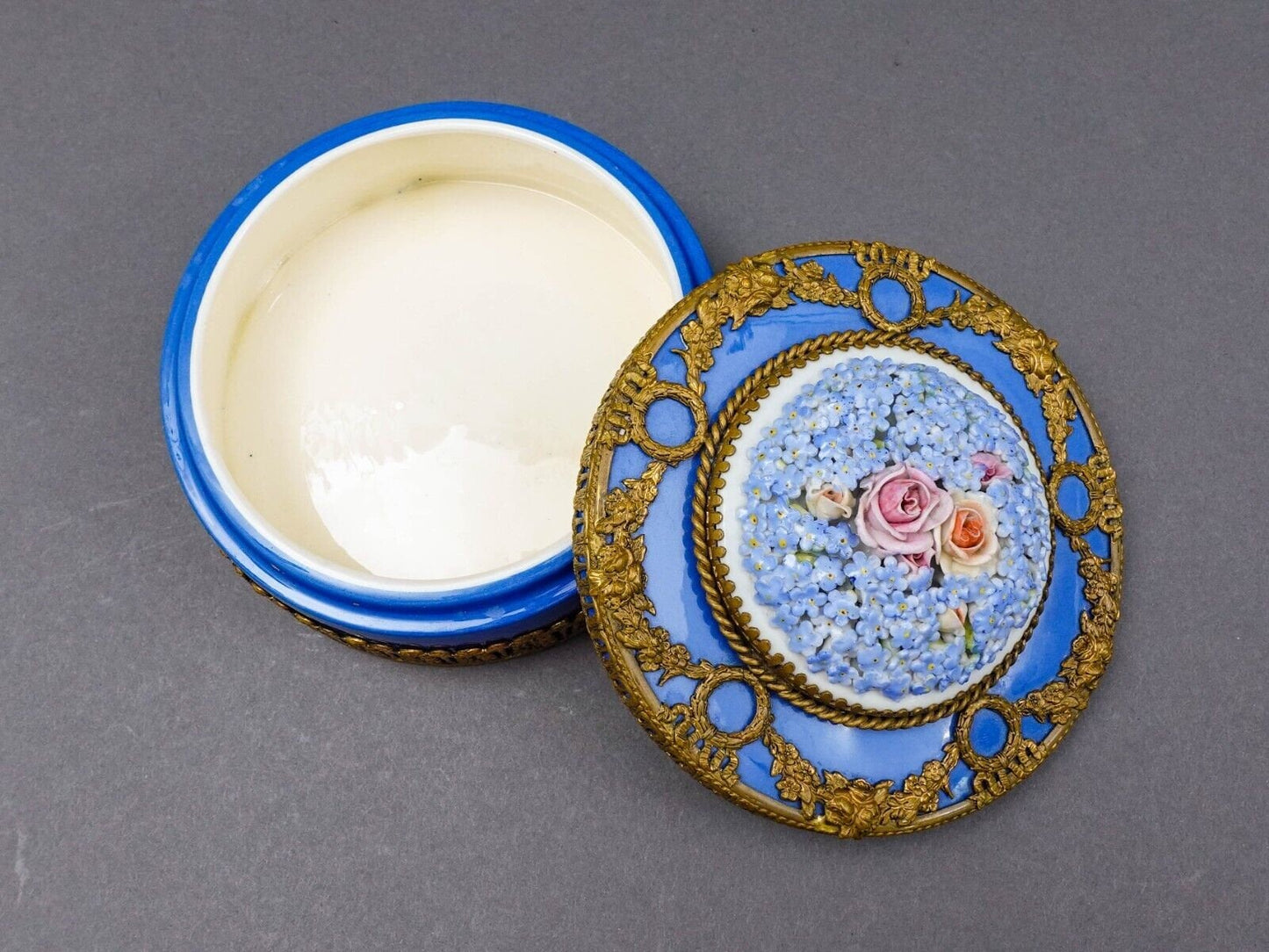 Royal Dux Czech Elfinware Floral Porcelain Bronze Ormolu Trinket Box 5 1/2"