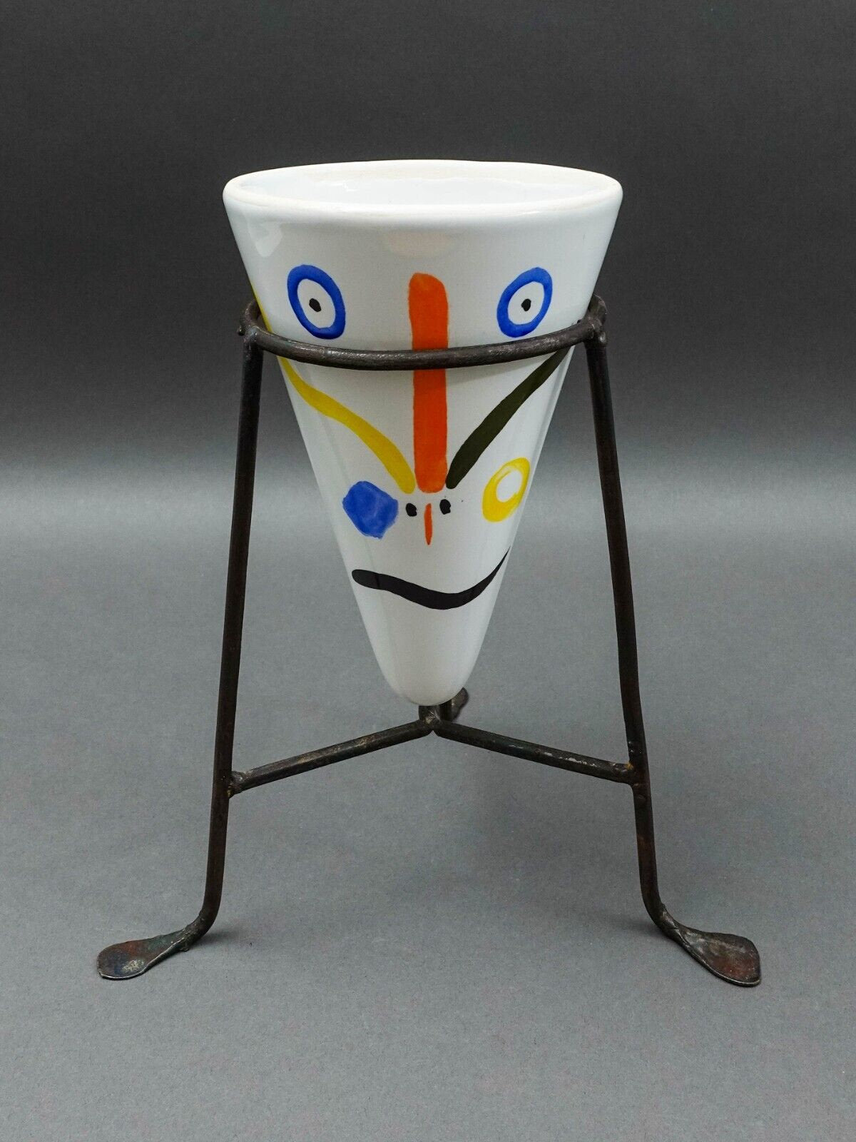 Vintage Ceramic Art Pottery On Iron Stand Cone Vase After Picasso Style