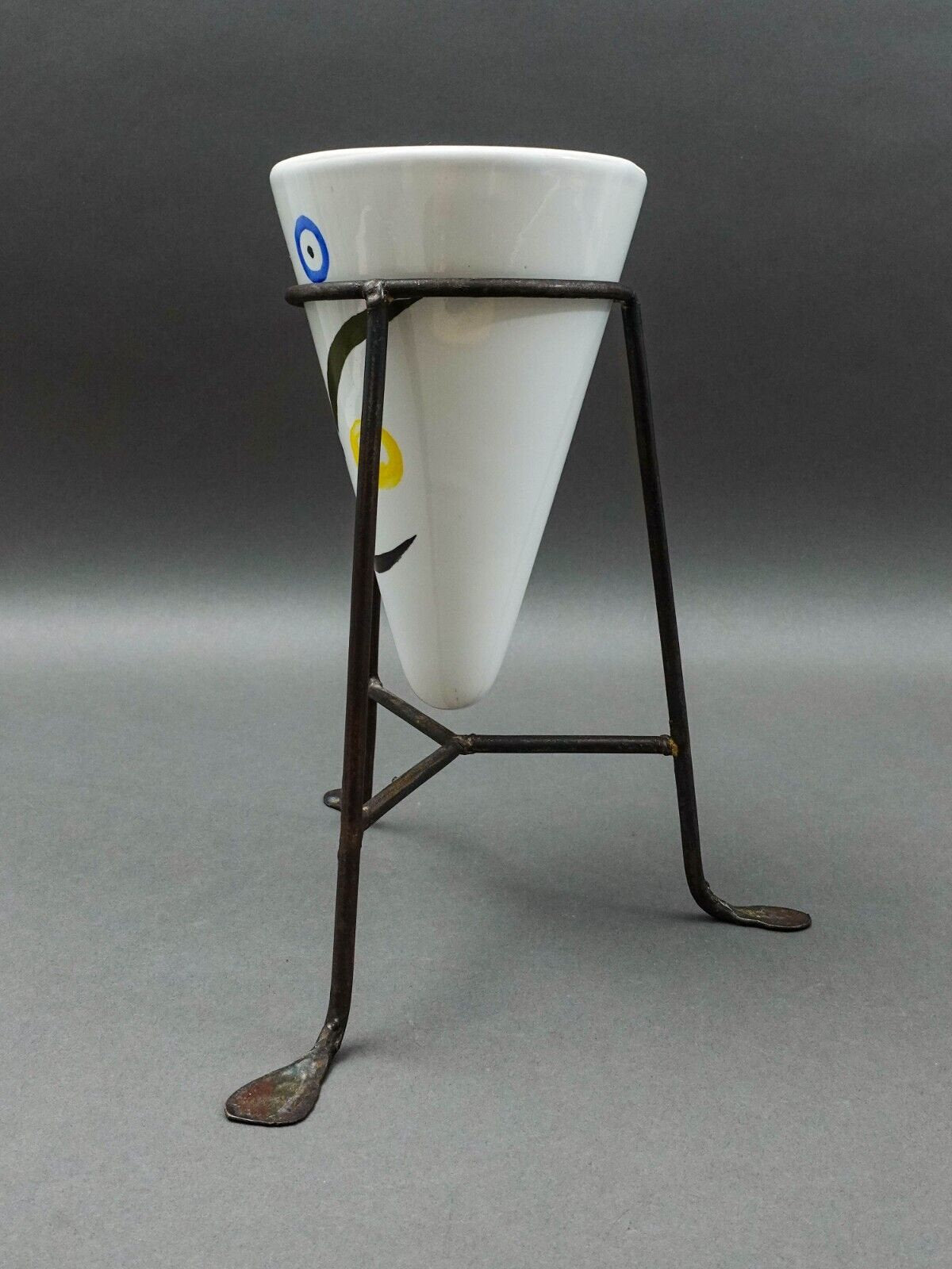 Vintage Ceramic Art Pottery On Iron Stand Cone Vase After Picasso Style