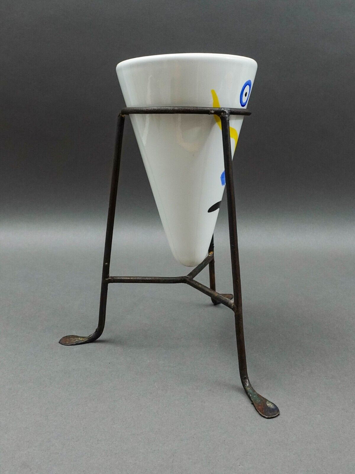 Vintage Ceramic Art Pottery On Iron Stand Cone Vase After Picasso Style