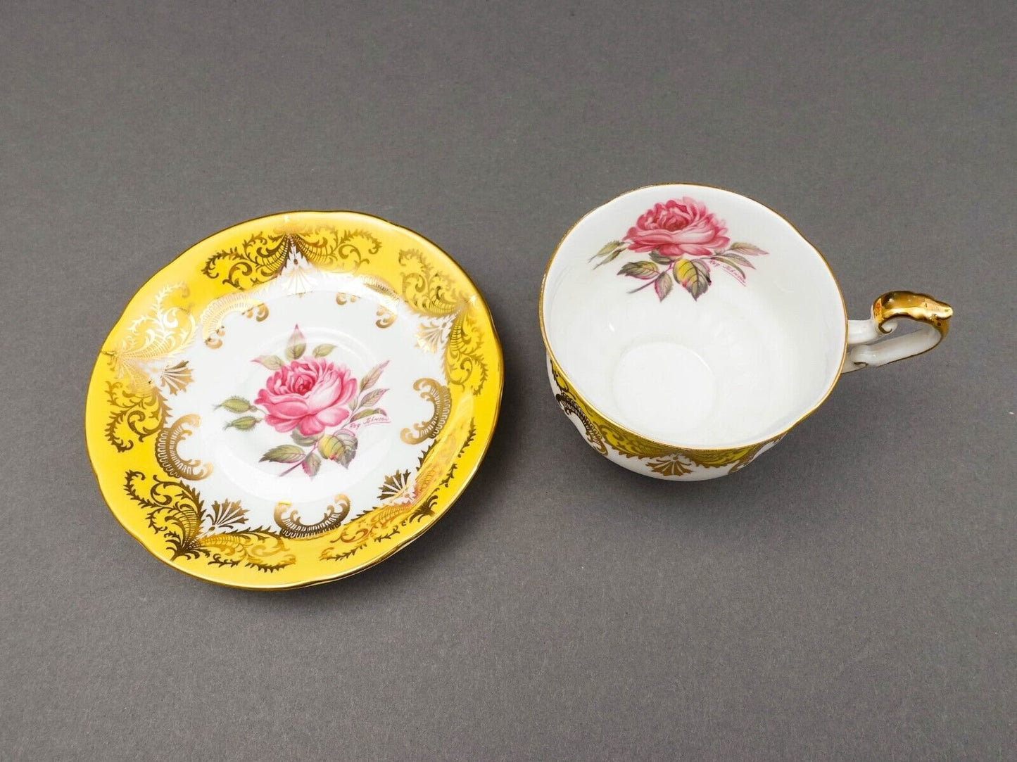 Paragon England Antique Rose Vintage Yellow Tea Cup & Saucer Signed Reg Johnson