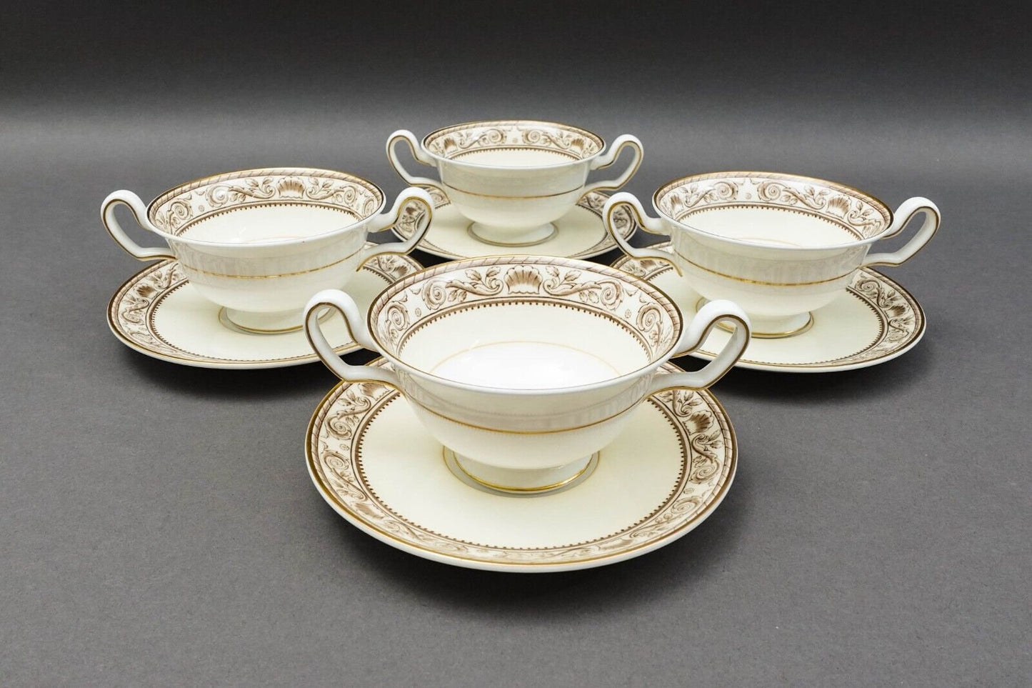 Wedgwood England Runnymede Cream Bone China Cream Soup Bowls & Saucers Set Of 4