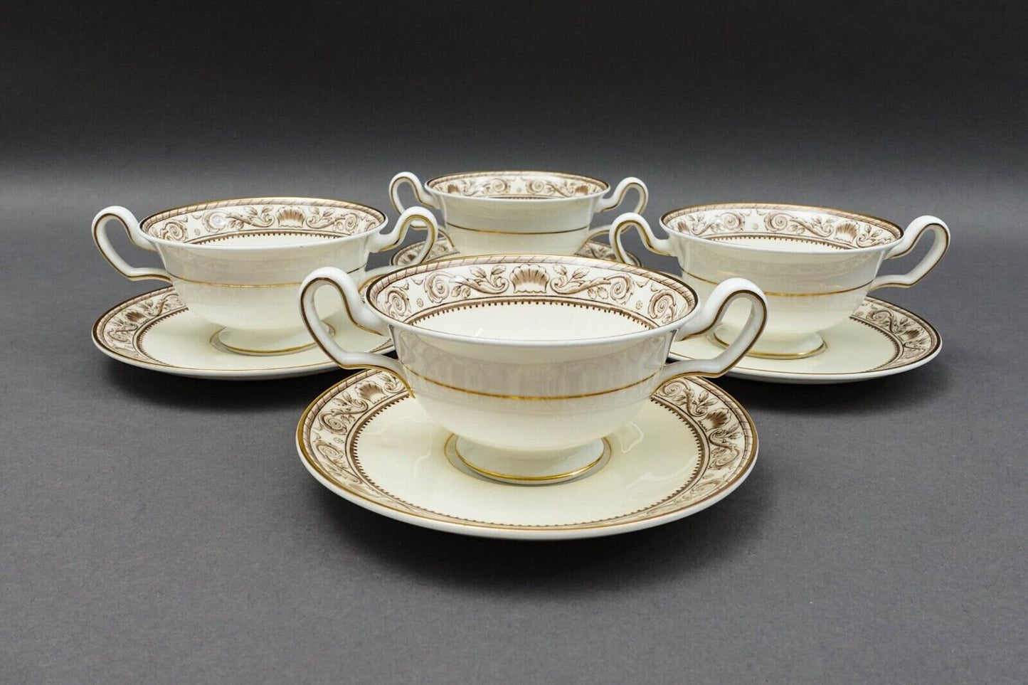 Wedgwood England Runnymede Cream Bone China Cream Soup Bowls & Saucers Set Of 4