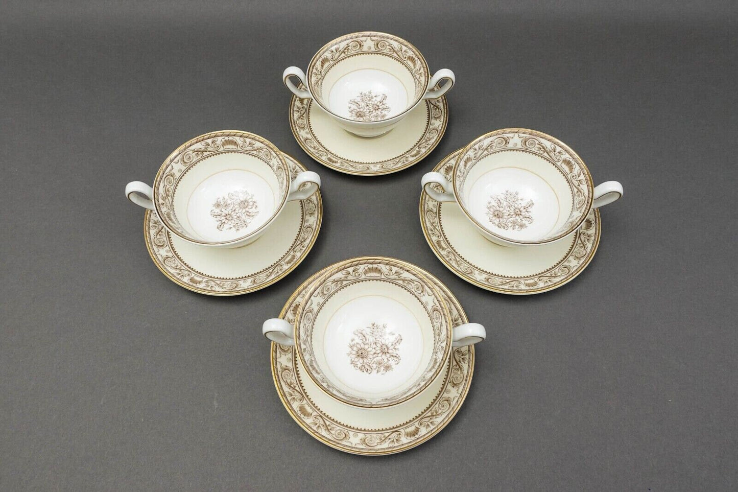 Wedgwood England Runnymede Cream Bone China Cream Soup Bowls & Saucers Set Of 4