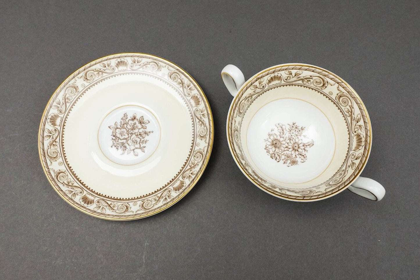 Wedgwood England Runnymede Cream Bone China Cream Soup Bowls & Saucers Set Of 4