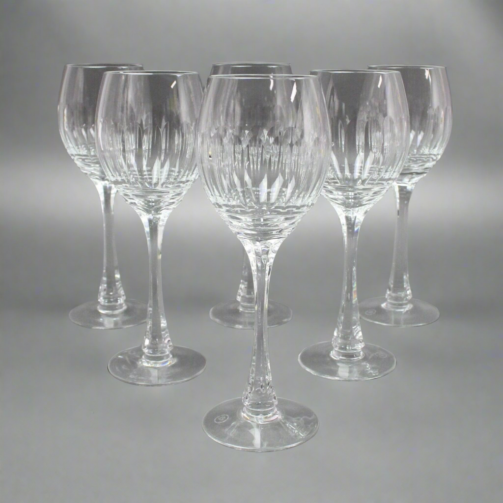 VS Acid Etched Signed Elegant French Cut Crystal Ellipse Wine Glasses Set Of 6