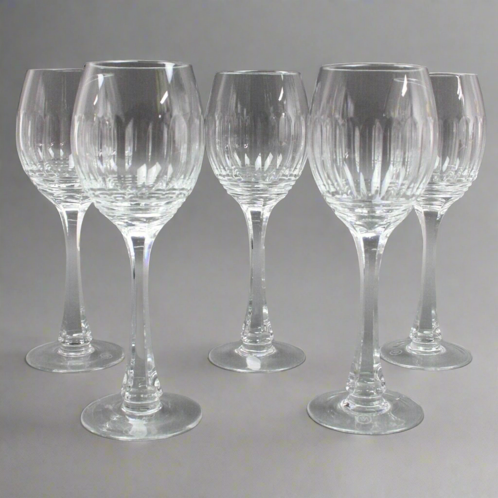 VS Acid Etched Signed Elegant French Cut Crystal Ellipse Wine Glasses Set Of 5