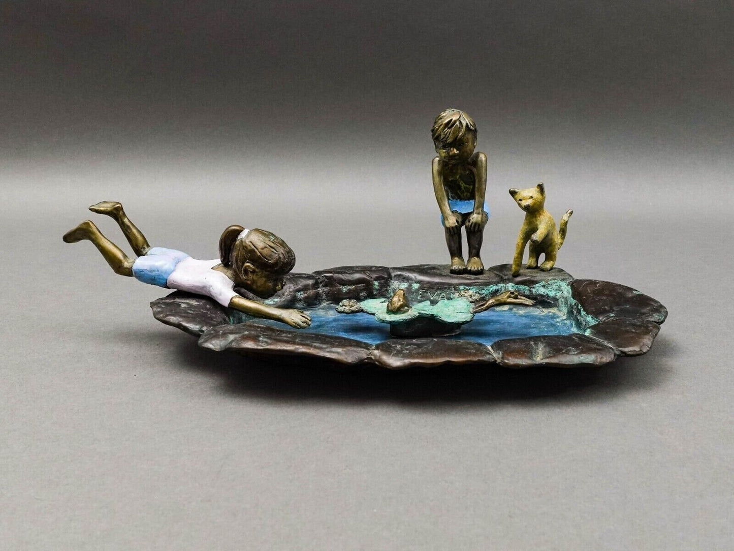 Evans Signed Children Playing In Lily Pond With Frogs Bronze Sculpture 11 3/4"