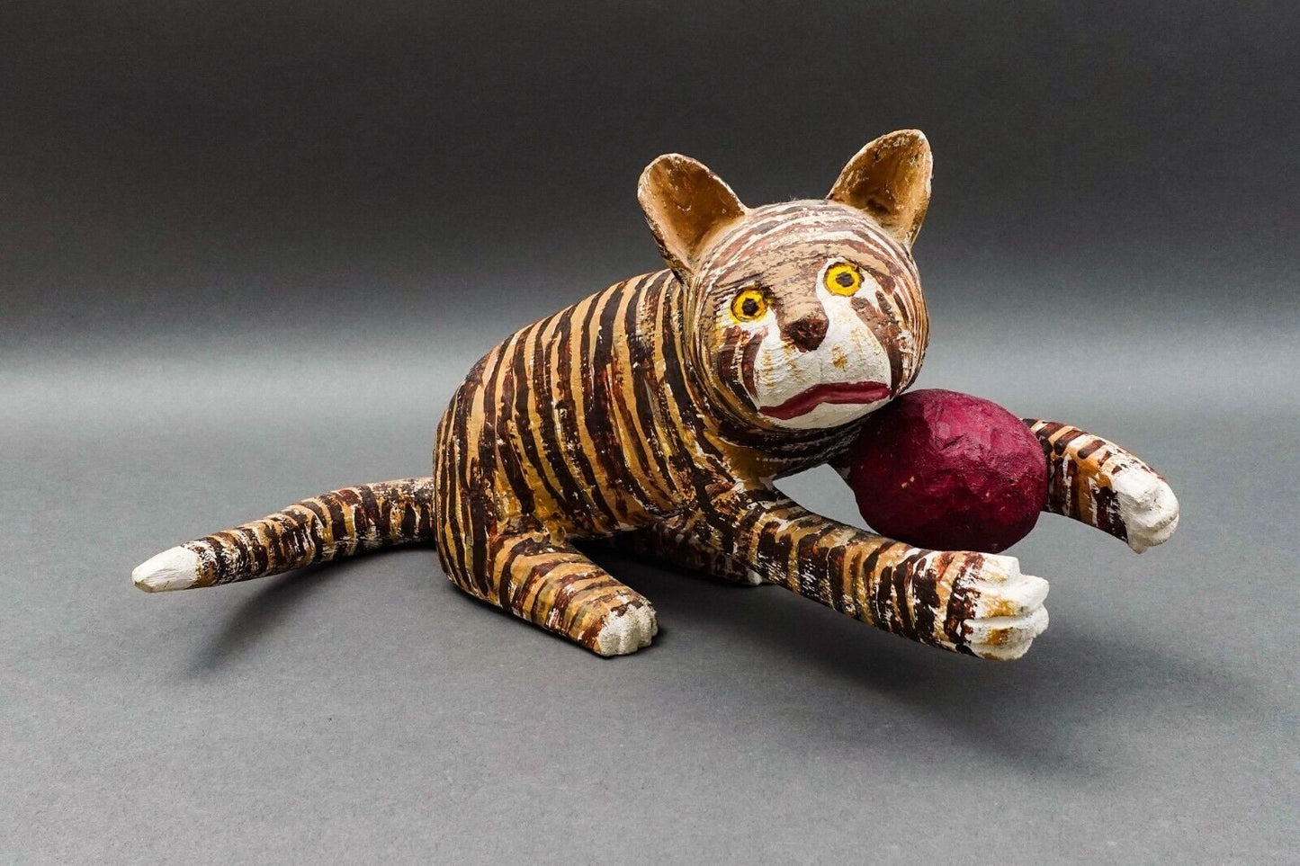 Saturnino Portuound (Pucho) Odio Cat With Ball Wood Sculpture