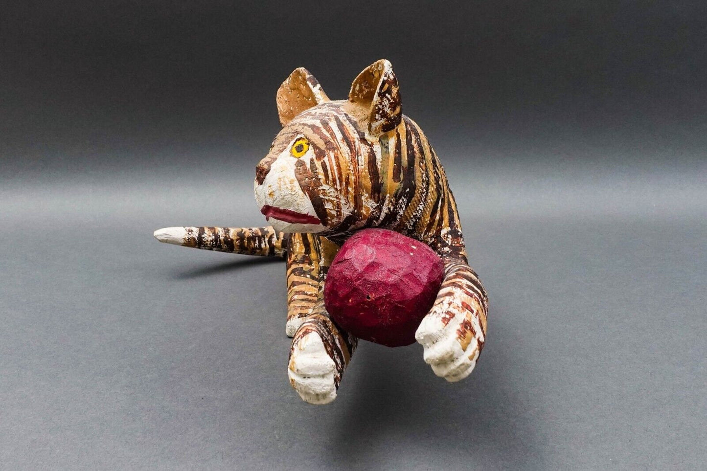 Saturnino Portuound (Pucho) Odio Cat With Ball Wood Sculpture
