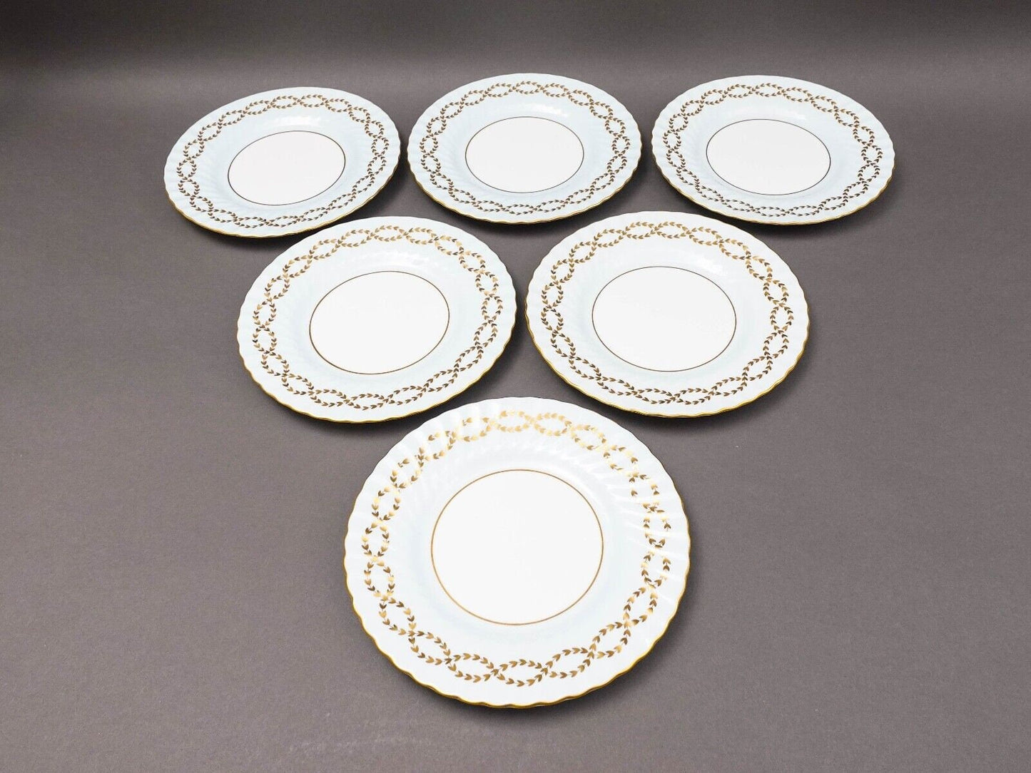Minton England Tiffany S600 Gold Laurel Leaf Light Blue Luncheon Plate Set Of 6