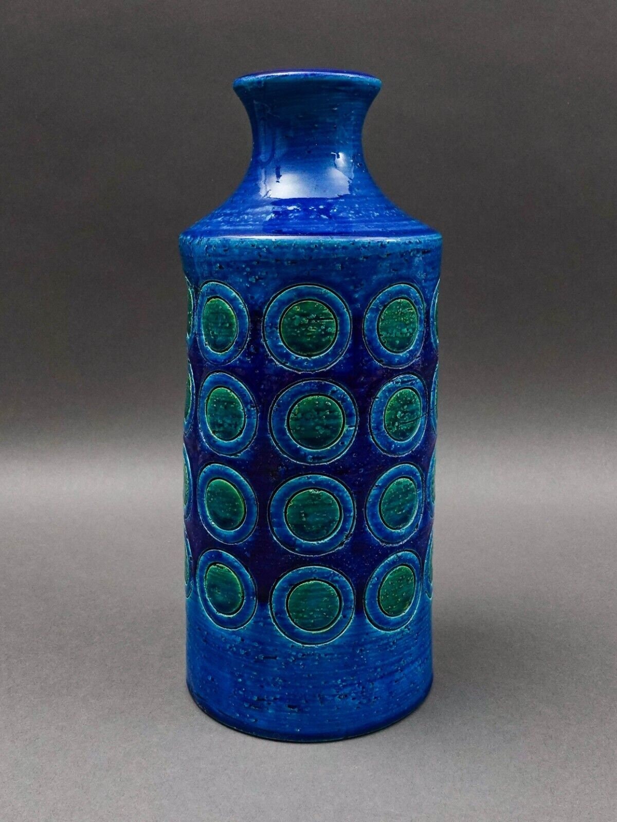 Bitossi Italy Aldo Londi Rimini MCM Blue Glazed Circles Art Pottery Vase 11 3/4"