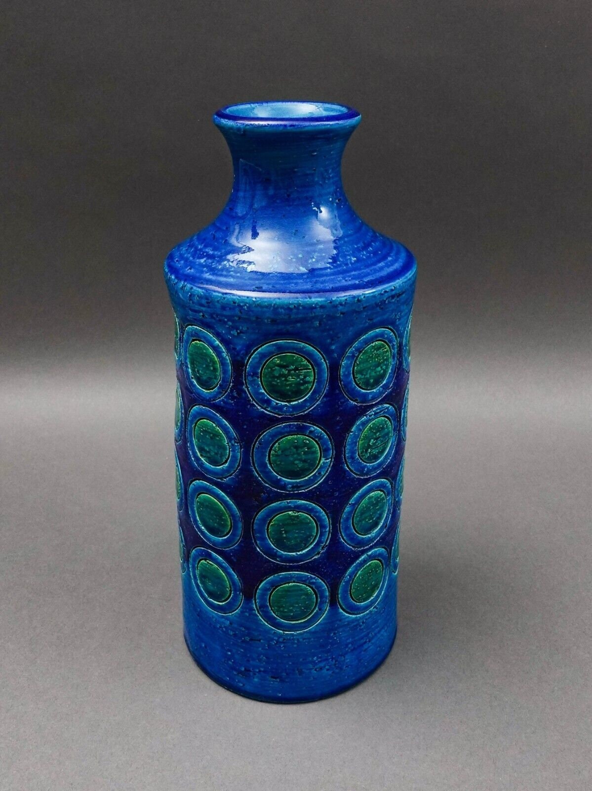 Bitossi Italy Aldo Londi Rimini MCM Blue Glazed Circles Art Pottery Vase 11 3/4"