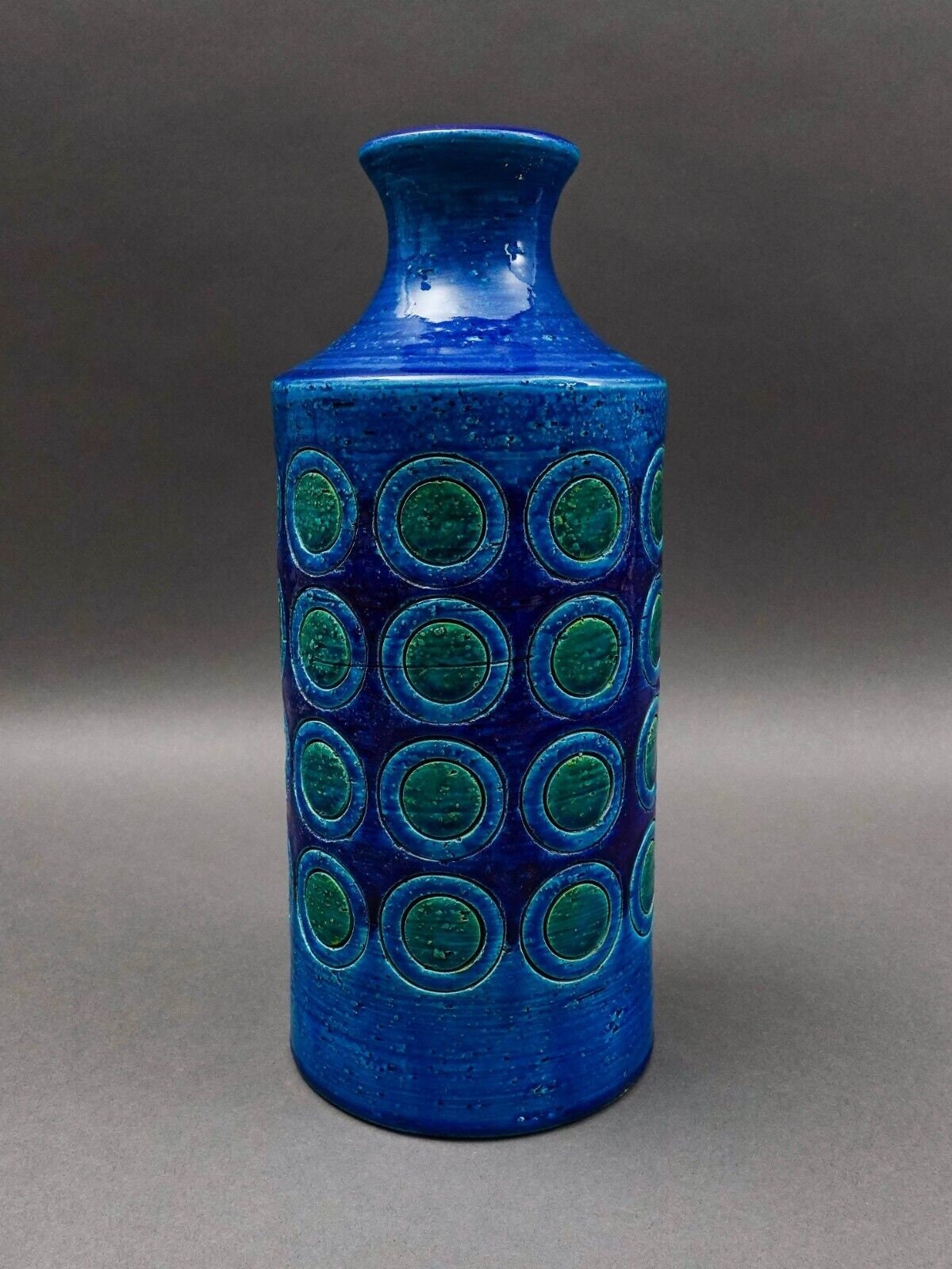Bitossi Italy Aldo Londi Rimini MCM Blue Glazed Circles Art Pottery Vase 11 3/4"