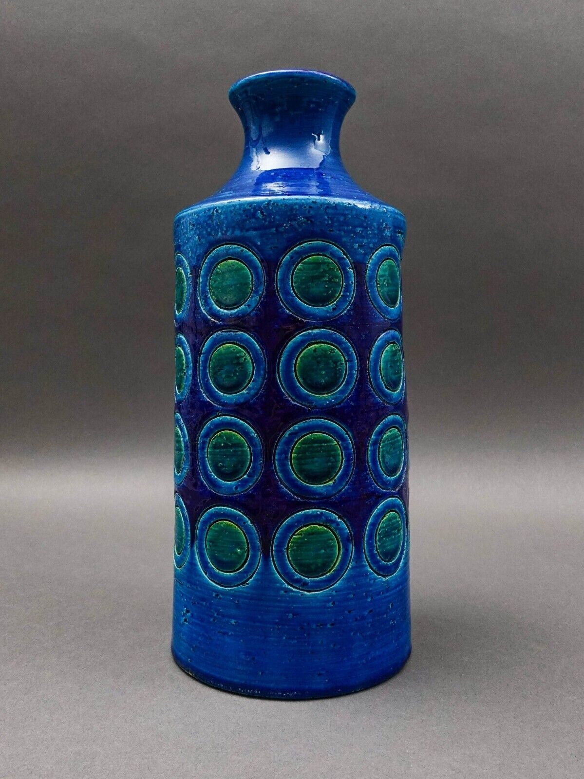 Bitossi Italy Aldo Londi Rimini MCM Blue Glazed Circles Art Pottery Vase 11 3/4"