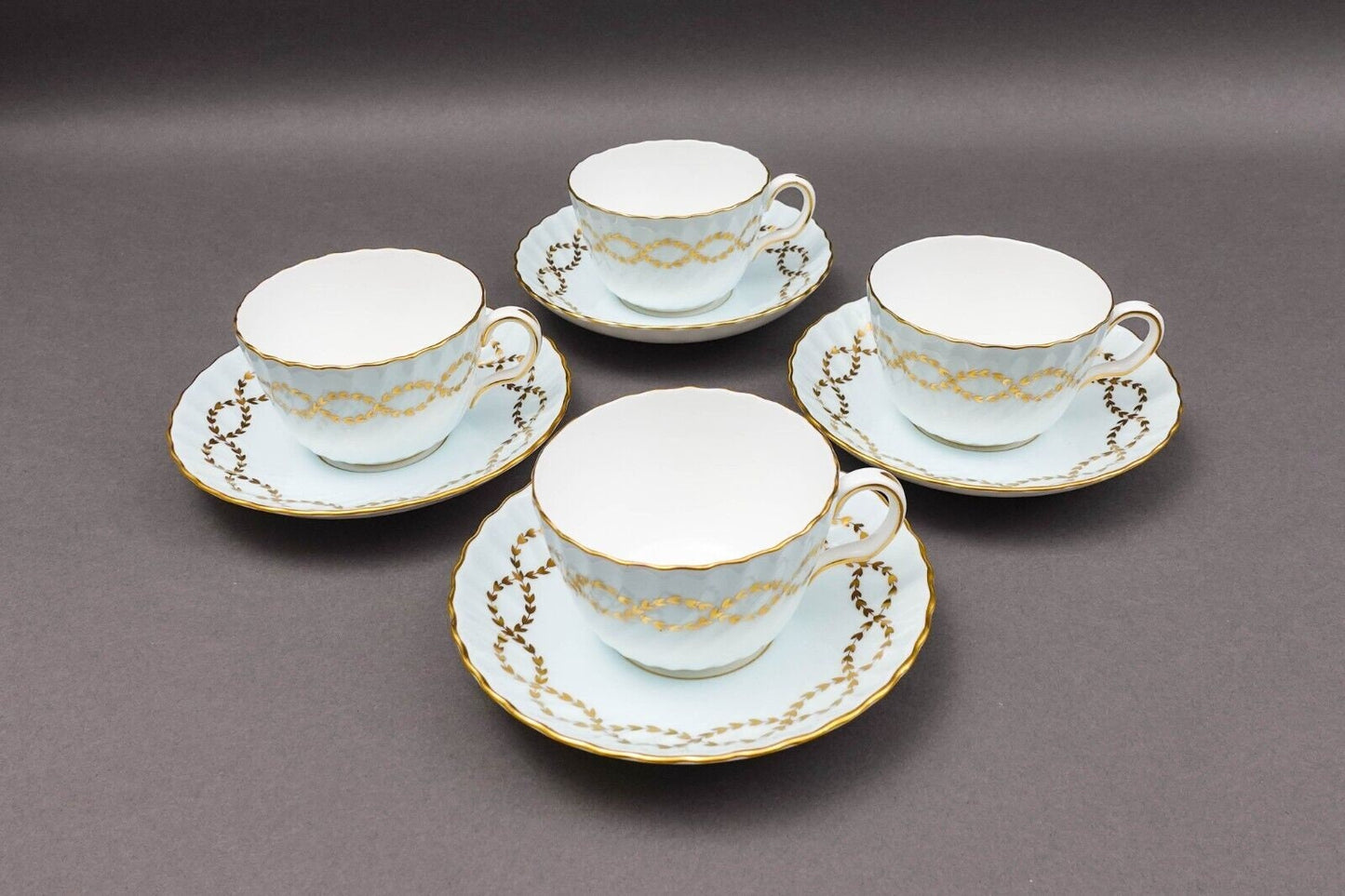 Minton England S600 Gold Laurel Leaves Light Blue Tea Cup & Saucer Set Of 4