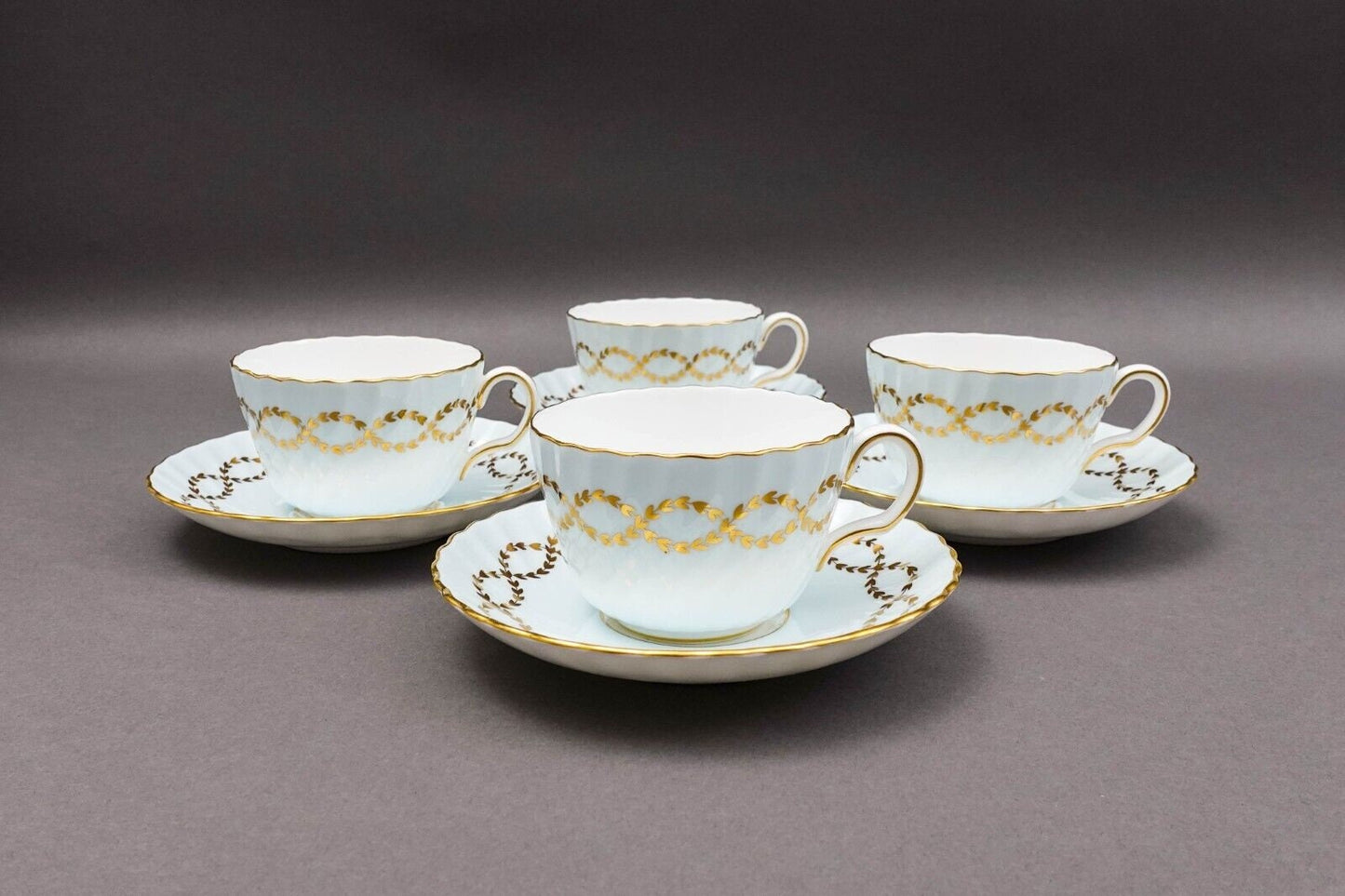 Minton England S600 Gold Laurel Leaves Light Blue Tea Cup & Saucer Set Of 4