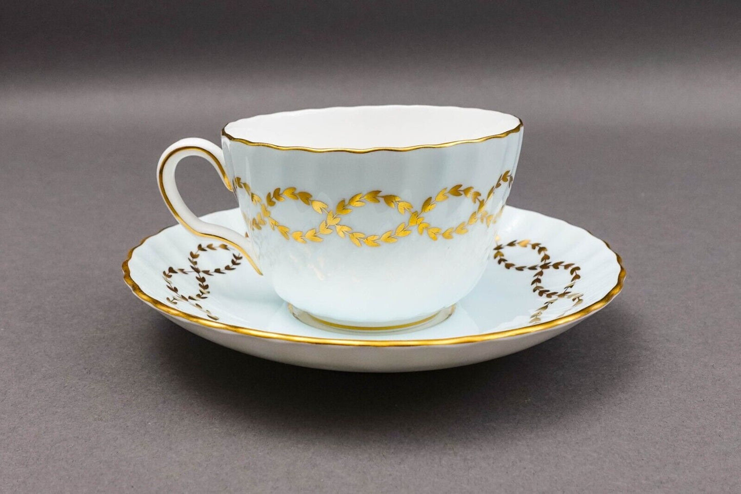 Minton England S600 Gold Laurel Leaves Light Blue Tea Cup & Saucer Set Of 4