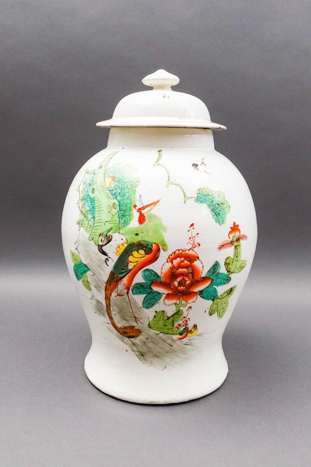 Chinese Porcelain Famille Rose Peacock Large 16 1/2" Lidded Ginger Jar (Read)