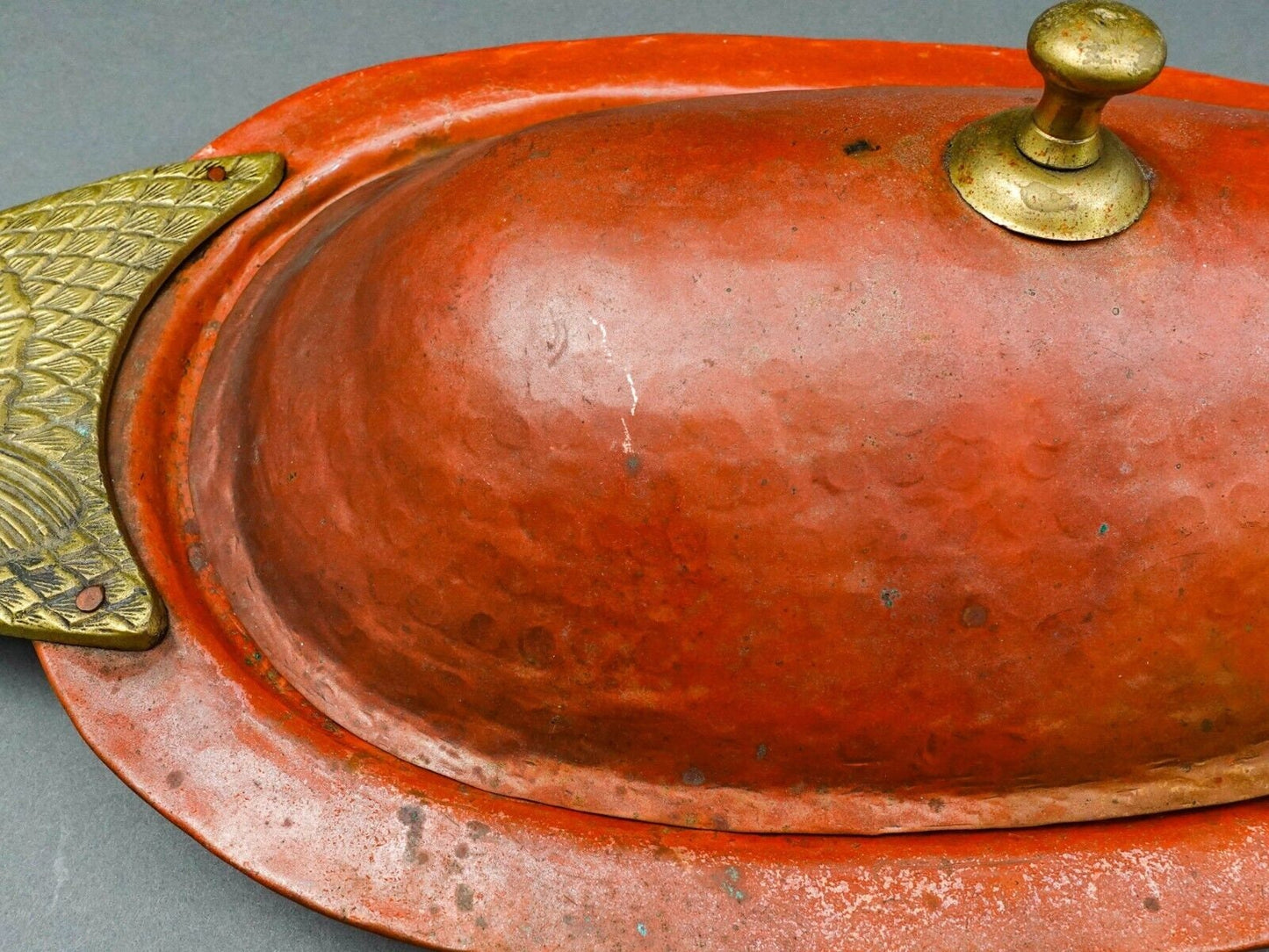 Vintage Large Hammered Copper Brass Fish Lidded Pan Poacher Serving Platter 23"