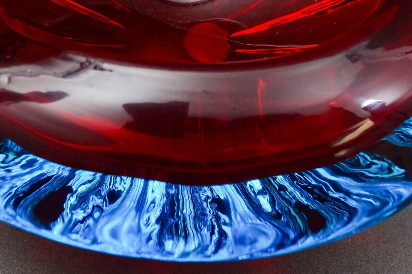 Vintage Murano Italy Red & Blue Hand Blown Art Glass Ashtray Bowl