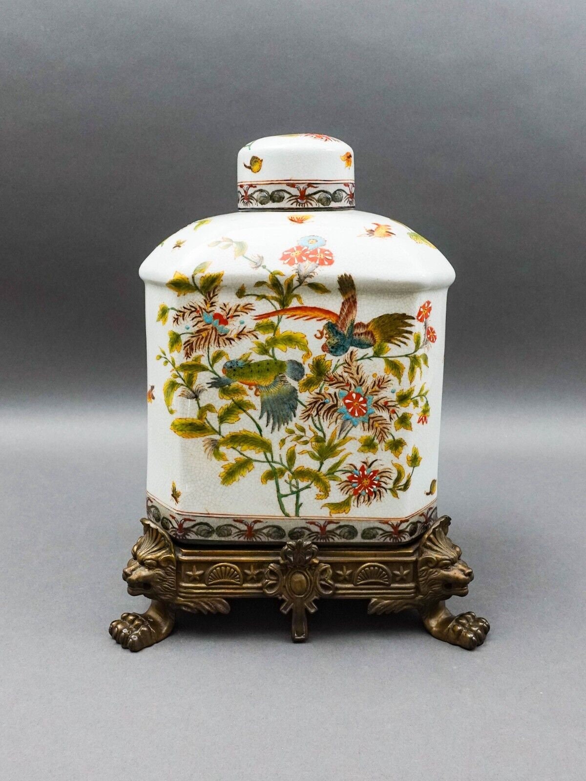 Wong Lee Chinoiserie Floral Bird Bronze Ormolu Porcelain Lidded GingerJar