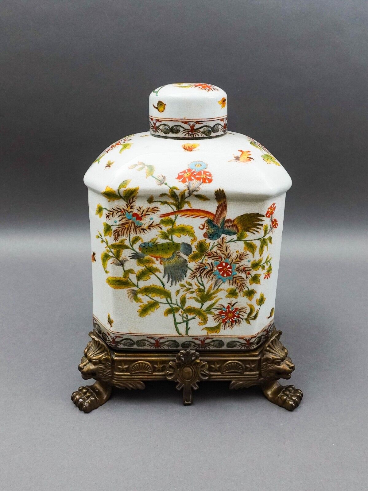 Wong Lee Chinoiserie Floral Bird Bronze Ormolu Porcelain Lidded GingerJar