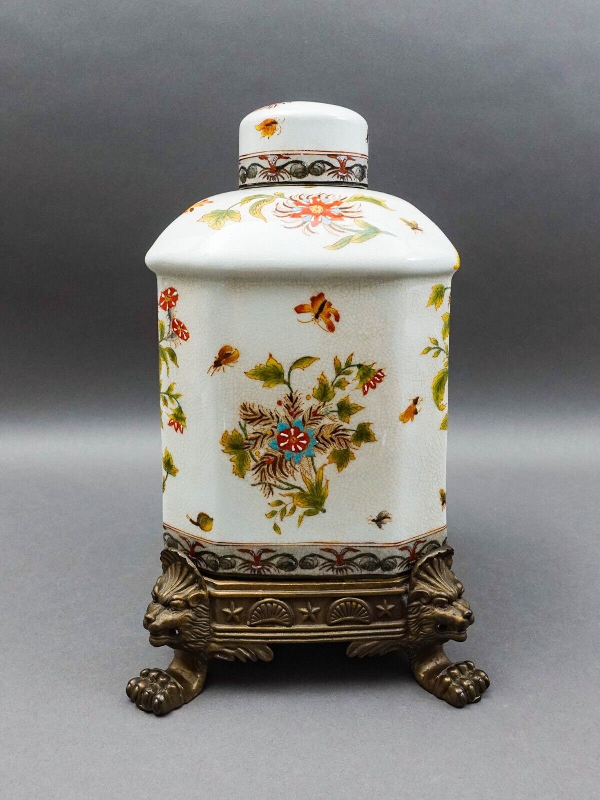 Wong Lee Chinoiserie Floral Bird Bronze Ormolu Porcelain Lidded GingerJar