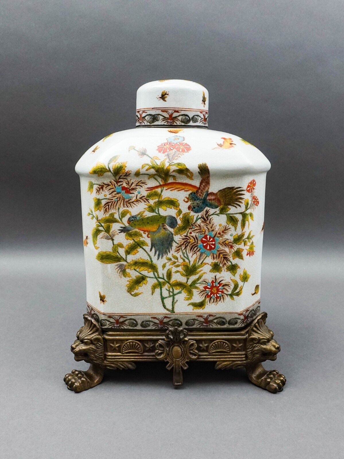 Wong Lee Chinoiserie Floral Bird Bronze Ormolu Porcelain Lidded GingerJar