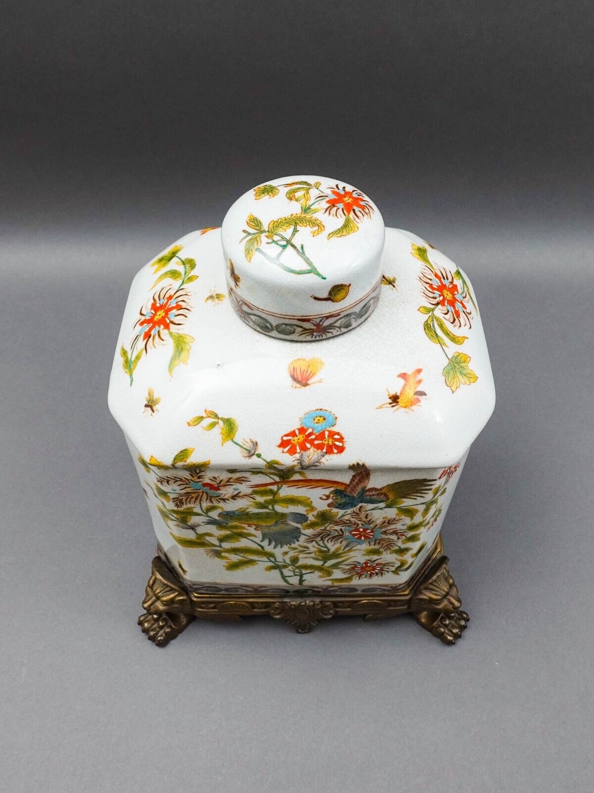 Wong Lee Chinoiserie Floral Bird Bronze Ormolu Porcelain Lidded GingerJar