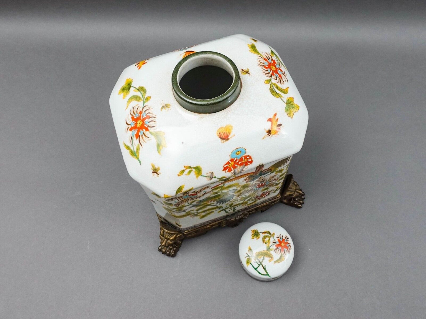 Wong Lee Chinoiserie Floral Bird Bronze Ormolu Porcelain Lidded GingerJar