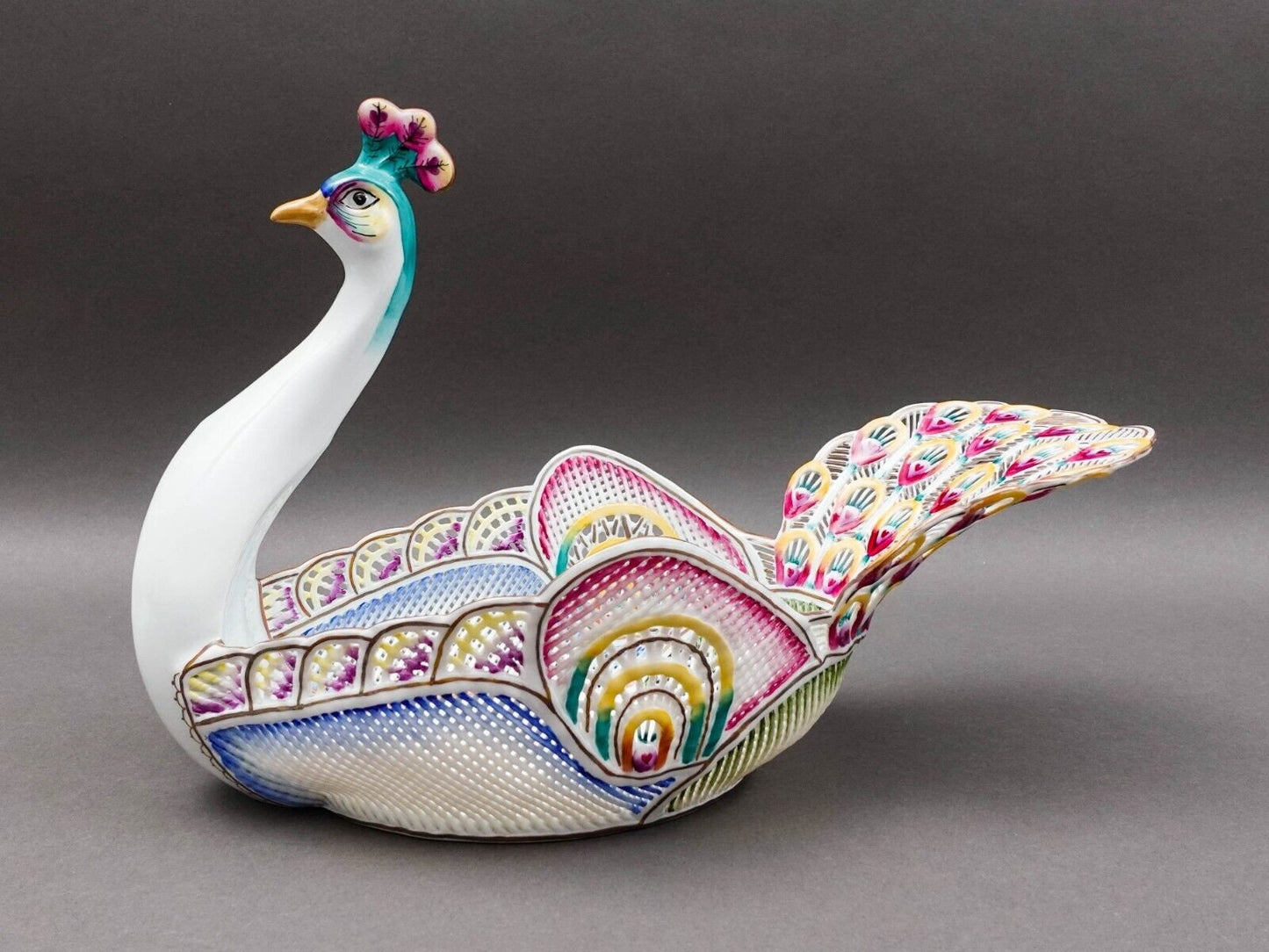 Moga Romania Hand Painted Porcelain Large Peacock Centerpiece Bowl Rare