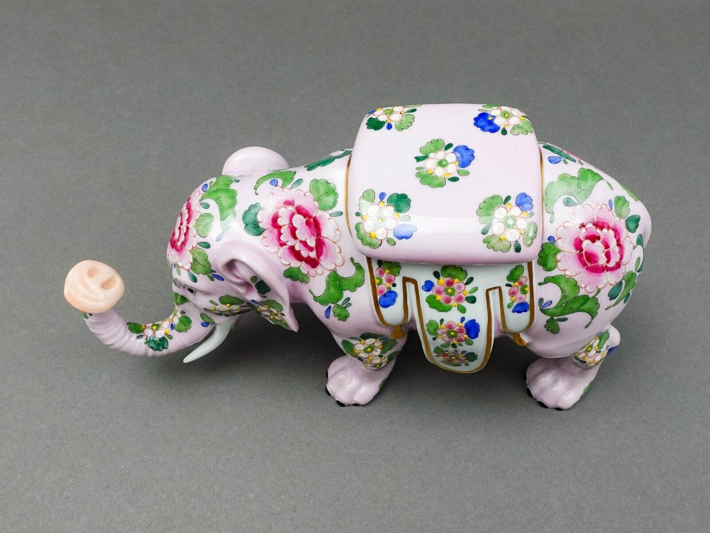 Carl Thieme Dresden Germany Floral Painted Pink Elephant Porcelain Figurine
