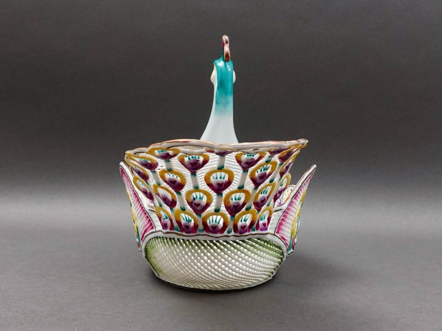 Moga Romania Hand Painted Porcelain Large Peacock Centerpiece Bowl Rare