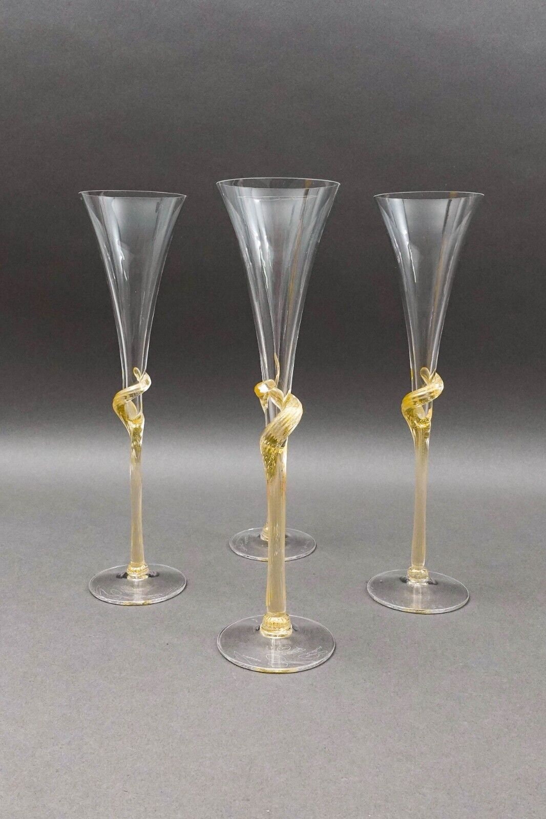 Union Street Glass Signed Y2K Gold Mist Twisted Champagne Flutes Set Of 4