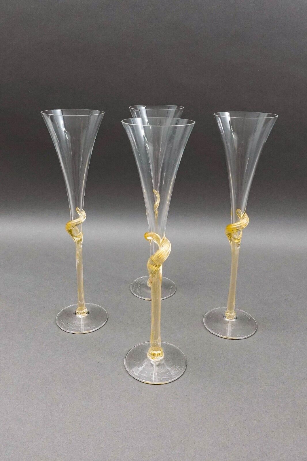 Union Street Glass Signed Y2K Gold Mist Twisted Champagne Flutes Set Of 4