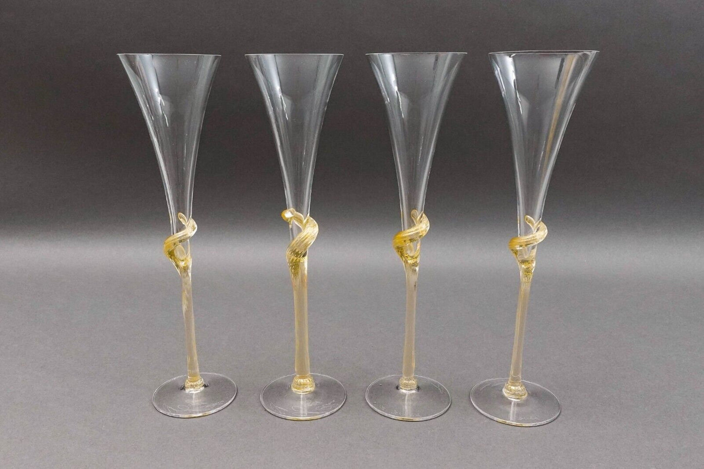 Union Street Glass Signed Y2K Gold Mist Twisted Champagne Flutes Set Of 4
